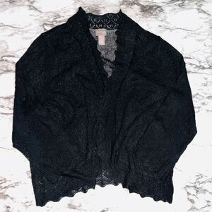 Chicos Long Sleeve Cardigan Knit Open Front Black Women 2 L Cottage Hippie Work